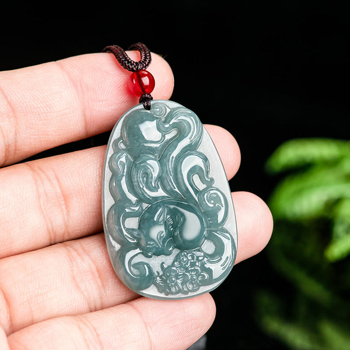 Buddha Stones Natural Green Jade Nine Tailed Fox Flowers Luck Necklace Pendant