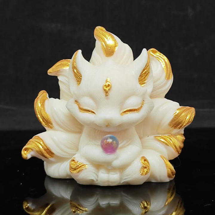 Buddha Stones Small Nine Tailed Fox Carved Ivory Fruit Support Home Decoration