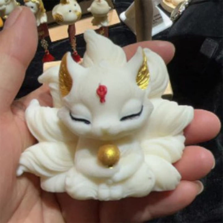 Buddha Stones Small Nine Tailed Fox Carved Ivory Fruit Support Home Decoration