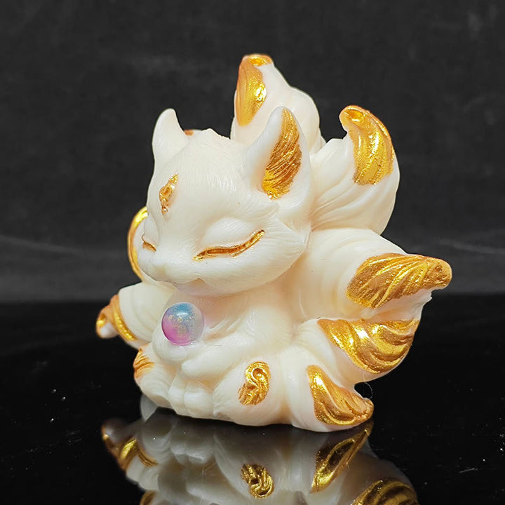 Buddha Stones Small Nine Tailed Fox Carved Ivory Fruit Support Home Decoration