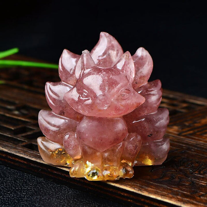 Buddha Stones Natural Various Crystal Strawberry Quartz Amethyst Nine Tailed Fox Protection Home Decoration
