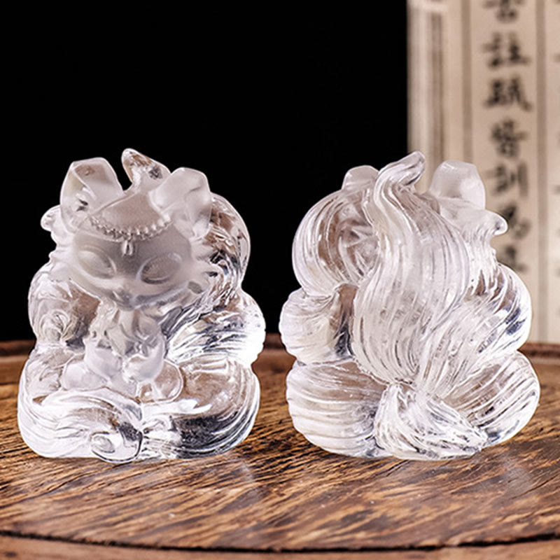 Buddha Stones Natural White Crystal Mini Small Nine Tailed Fox Carved Healing Home Decoration