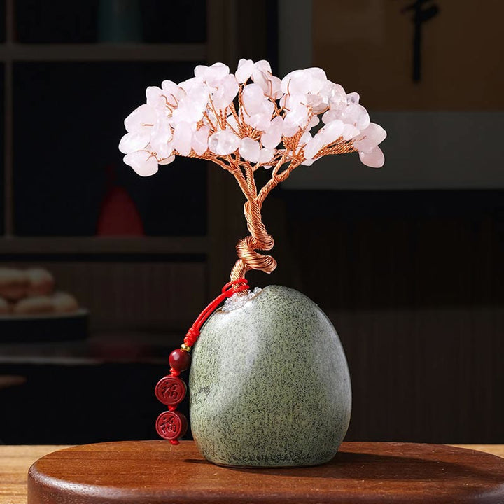Buddha Stones Citrine Amethyst Green Aventurine Crystal Tree Ceramic Base Prosperity Home Decoration