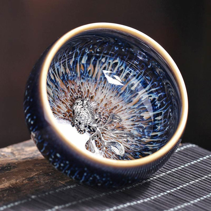 Buddha Stones Handmade Chinese Jianzhan Koi Fish Lotus Dragon Phoenix 12 Chinese Zodiac Ceramic Teacup Kung Fu Tea Cup 70ml