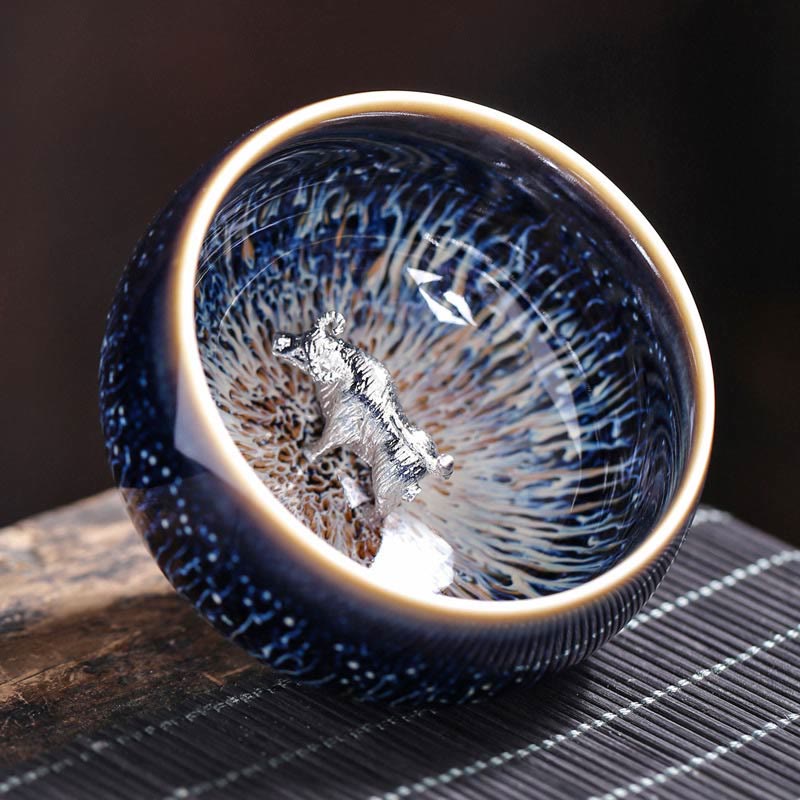 Buddha Stones Handmade Chinese Jianzhan Koi Fish Lotus Dragon Phoenix 12 Chinese Zodiac Ceramic Teacup Kung Fu Tea Cup 70ml