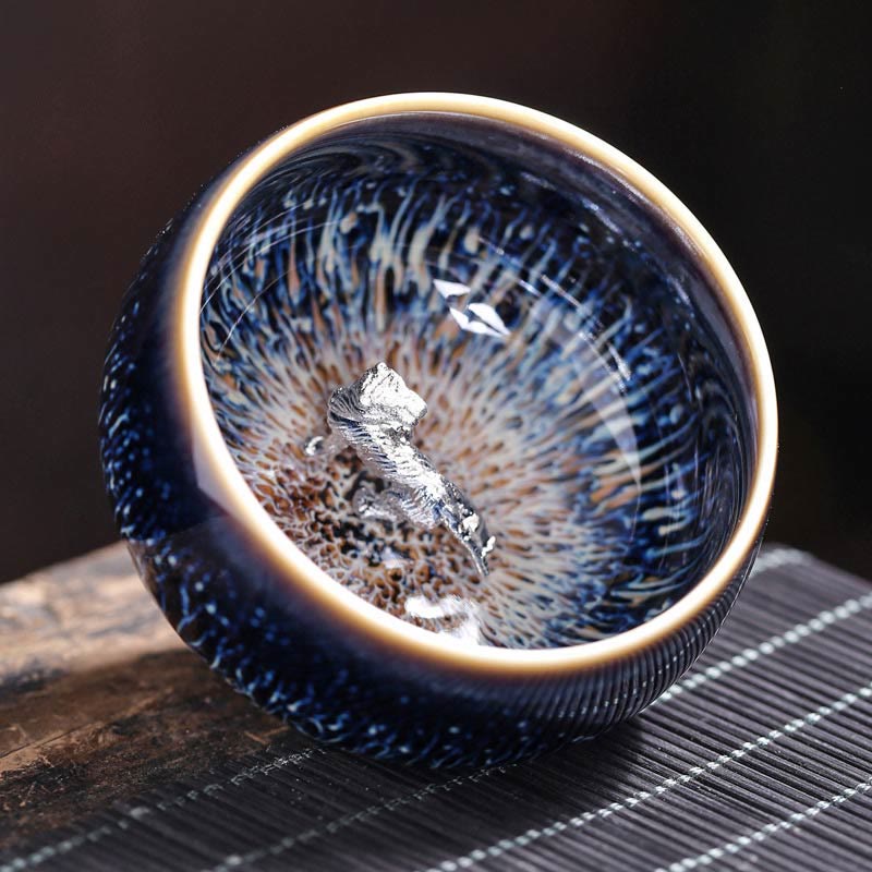 Buddha Stones Handmade Chinese Jianzhan Koi Fish Lotus Dragon Phoenix 12 Chinese Zodiac Ceramic Teacup Kung Fu Tea Cup 70ml