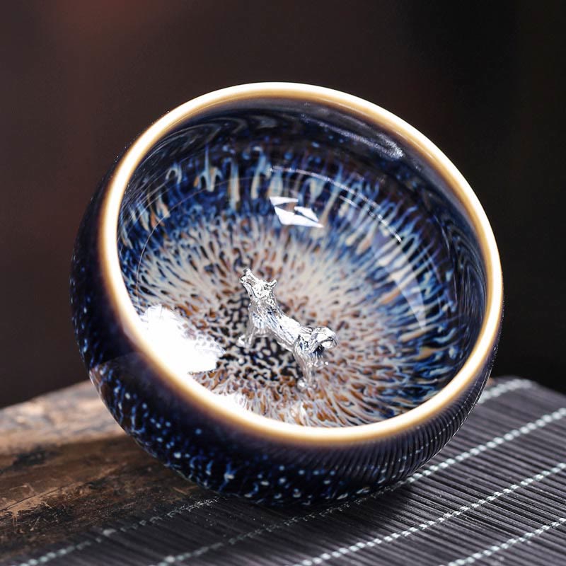 Buddha Stones Handmade Chinese Jianzhan Koi Fish Lotus Dragon Phoenix 12 Chinese Zodiac Ceramic Teacup Kung Fu Tea Cup 70ml