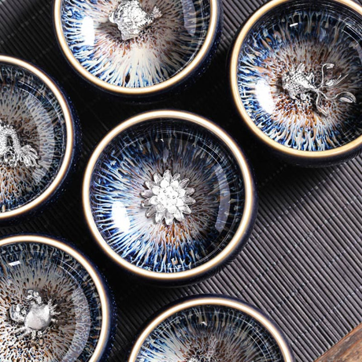 Buddha Stones Handmade Chinese Jianzhan Koi Fish Lotus Dragon Phoenix 12 Chinese Zodiac Ceramic Teacup Kung Fu Tea Cup 70ml