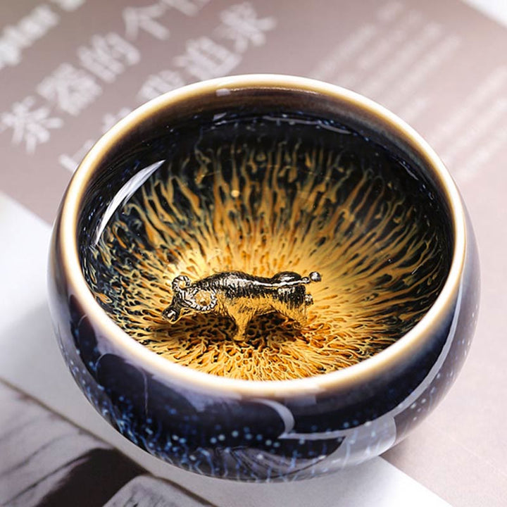 Buddha Stones Handmade Chinese Jianzhan Koi Fish Lotus Dragon Phoenix 12 Chinese Zodiac Ceramic Teacup Kung Fu Tea Cup 70ml