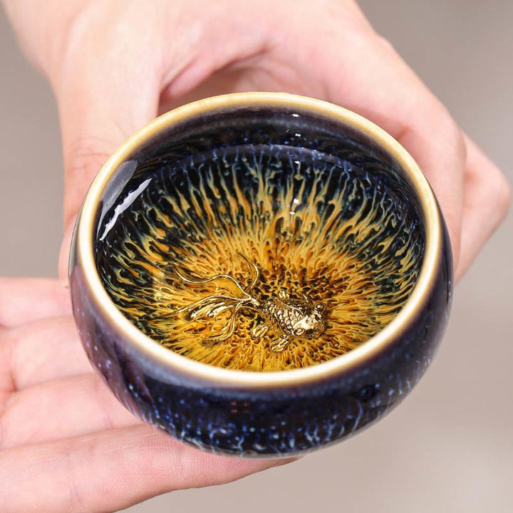 Buddha Stones Handmade Chinese Jianzhan Koi Fish Lotus Dragon Phoenix 12 Chinese Zodiac Ceramic Teacup Kung Fu Tea Cup 70ml