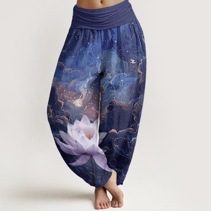 Buddha Stones Casual Lotus Starry Sky Clouds Pattern Women's Elastic Waist Harem Pants