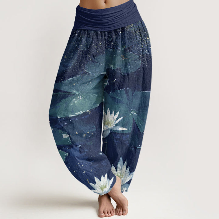 Buddha Stones Casual Lotus Leaves On The Lake Pattern Women's Elastic Waist Harem Pants
