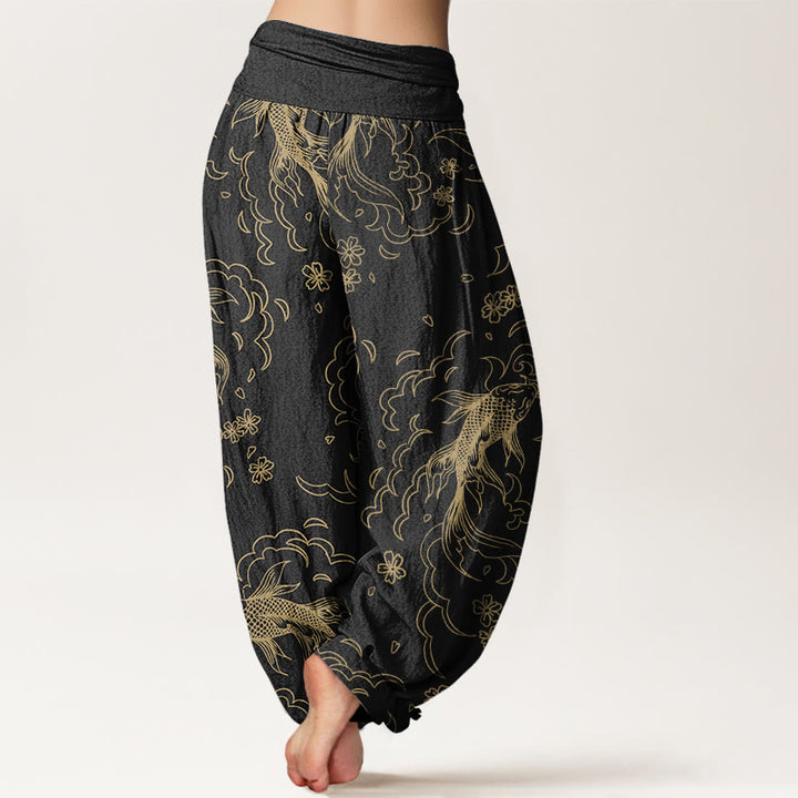 Buddha Stones Casual Koi Fish Waves And Petal Line Pattern Women's Elastic Waist Harem Pants
