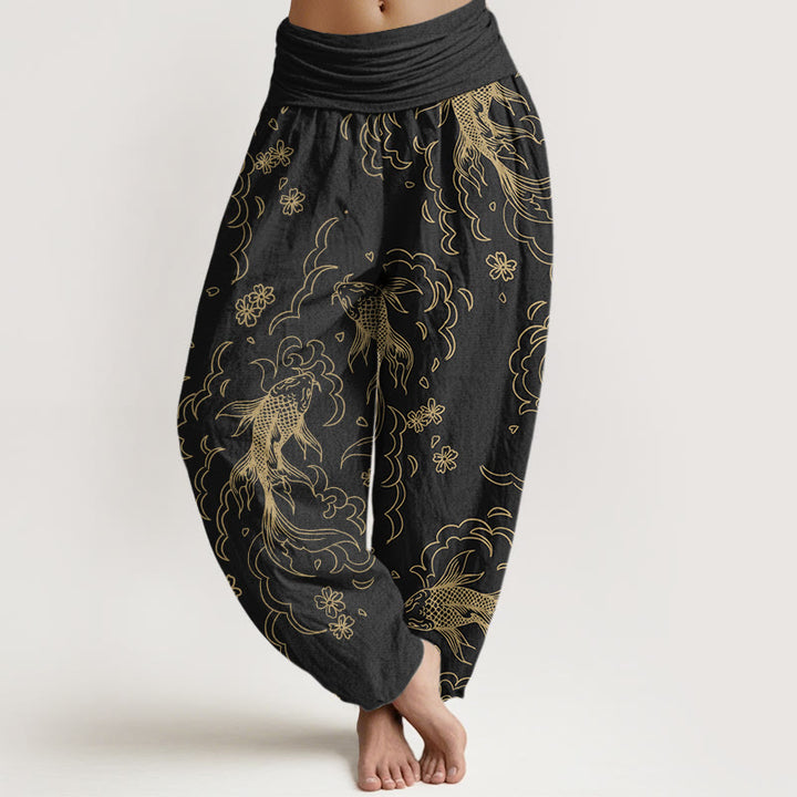 Buddha Stones Casual Koi Fish Waves And Petal Line Pattern Women's Elastic Waist Harem Pants