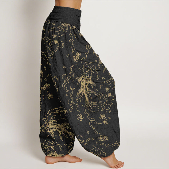 Buddha Stones Casual Koi Fish Waves And Petal Line Pattern Women's Elastic Waist Harem Pants