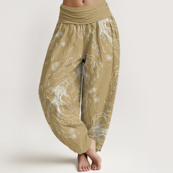Buddha Stones Casual Koi Fish Waves And Petal Line Pattern Women's Elastic Waist Harem Pants