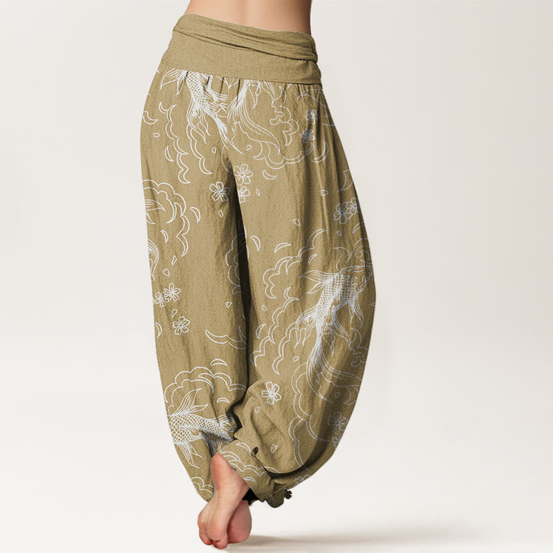 Buddha Stones Casual Koi Fish Waves And Petal Line Pattern Women's Elastic Waist Harem Pants
