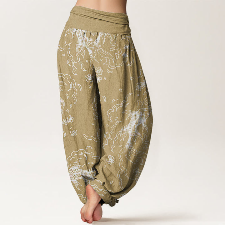 Buddha Stones Casual Koi Fish Waves And Petal Line Pattern Women's Elastic Waist Harem Pants