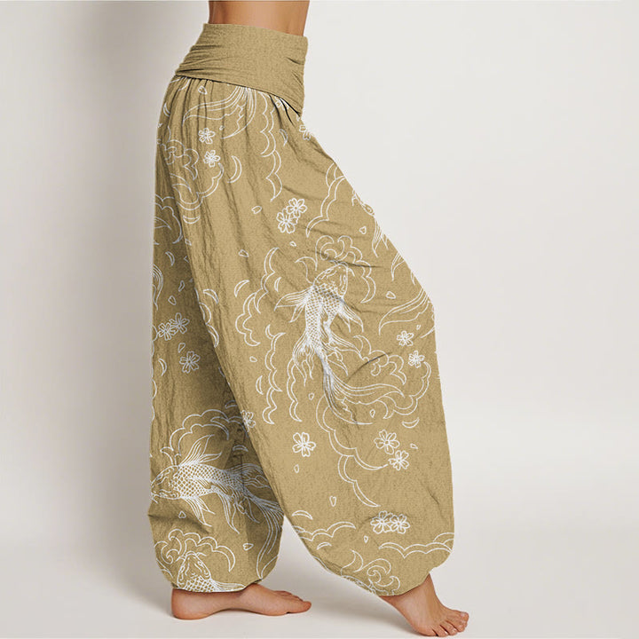 Buddha Stones Casual Koi Fish Waves And Petal Line Pattern Women's Elastic Waist Harem Pants