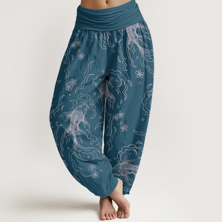 Buddha Stones Casual Koi Fish Waves And Petal Line Pattern Women's Elastic Waist Harem Pants