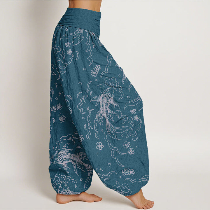 Buddha Stones Casual Koi Fish Waves And Petal Line Pattern Women's Elastic Waist Harem Pants
