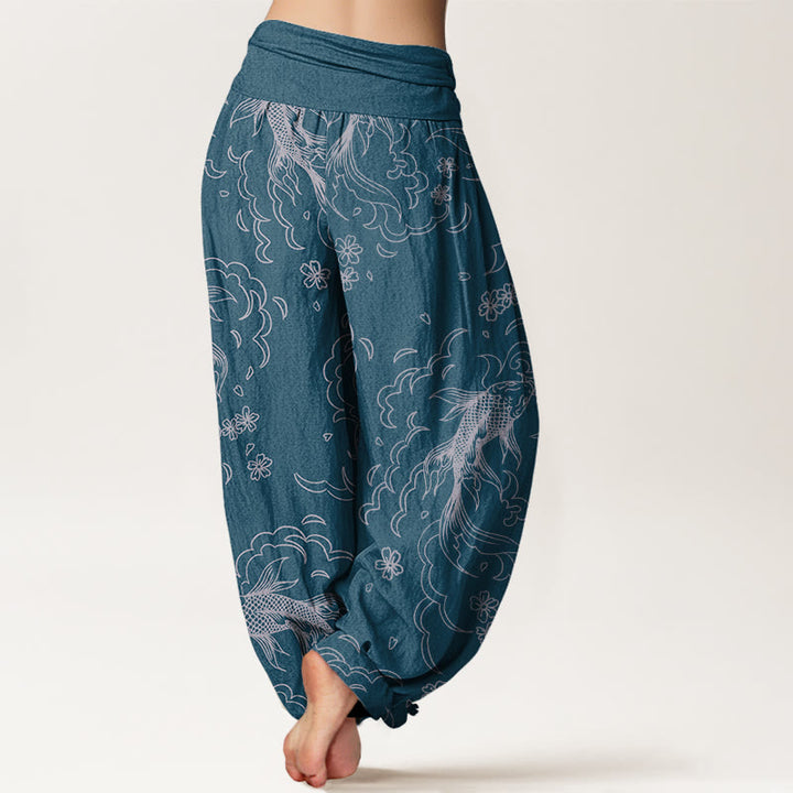 Buddha Stones Casual Koi Fish Waves And Petal Line Pattern Women's Elastic Waist Harem Pants
