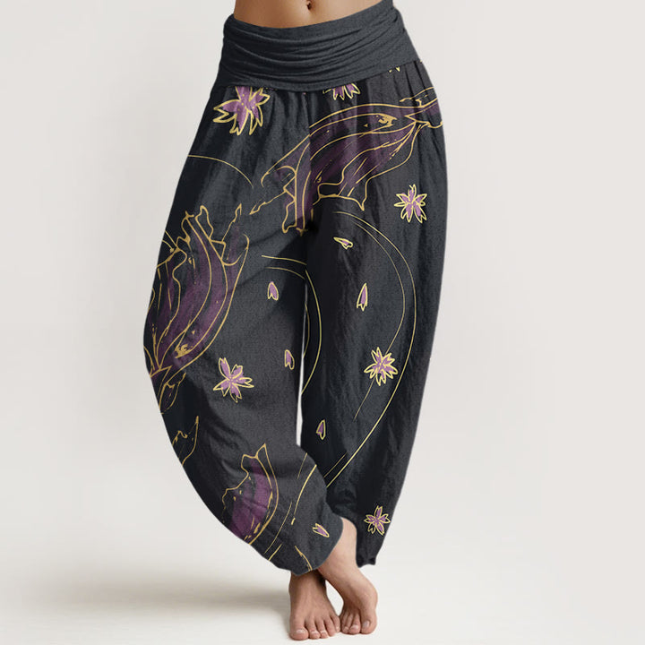 Buddha Stones Casual Koi Fish Cherry Blossom Petal Pattern Women's Elastic Waist Harem Pants