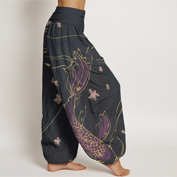 Buddha Stones Casual Koi Fish Cherry Blossom Petal Pattern Women's Elastic Waist Harem Pants