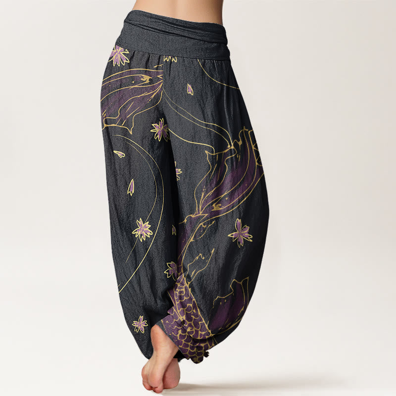 Buddha Stones Casual Koi Fish Cherry Blossom Petal Pattern Women's Elastic Waist Harem Pants
