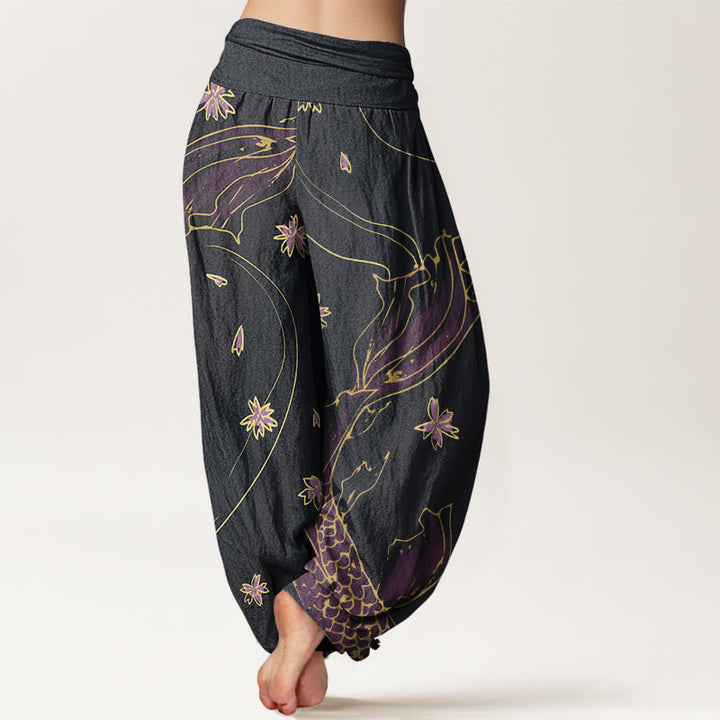 Buddha Stones Casual Koi Fish Cherry Blossom Petal Pattern Women's Elastic Waist Harem Pants