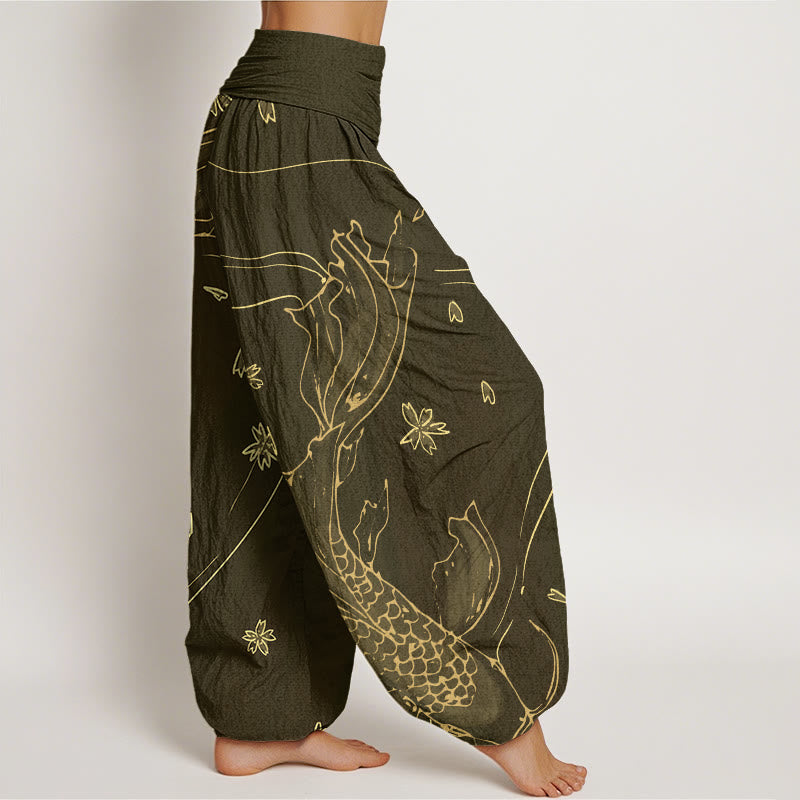 Buddha Stones Casual Koi Fish Cherry Blossom Petal Pattern Women's Elastic Waist Harem Pants