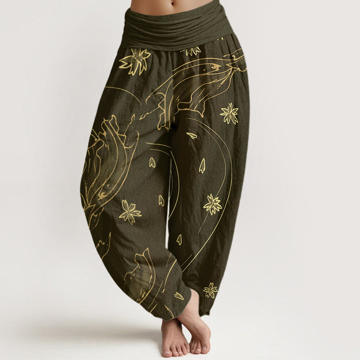 Buddha Stones Casual Koi Fish Cherry Blossom Petal Pattern Women's Elastic Waist Harem Pants