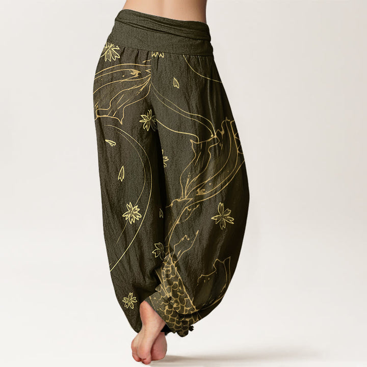 Buddha Stones Casual Koi Fish Cherry Blossom Petal Pattern Women's Elastic Waist Harem Pants