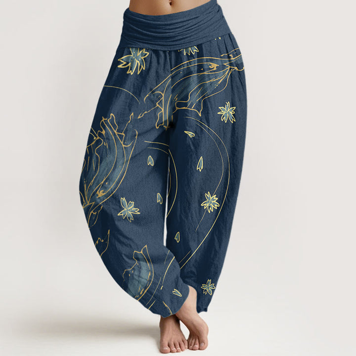Buddha Stones Casual Koi Fish Cherry Blossom Petal Pattern Women's Elastic Waist Harem Pants
