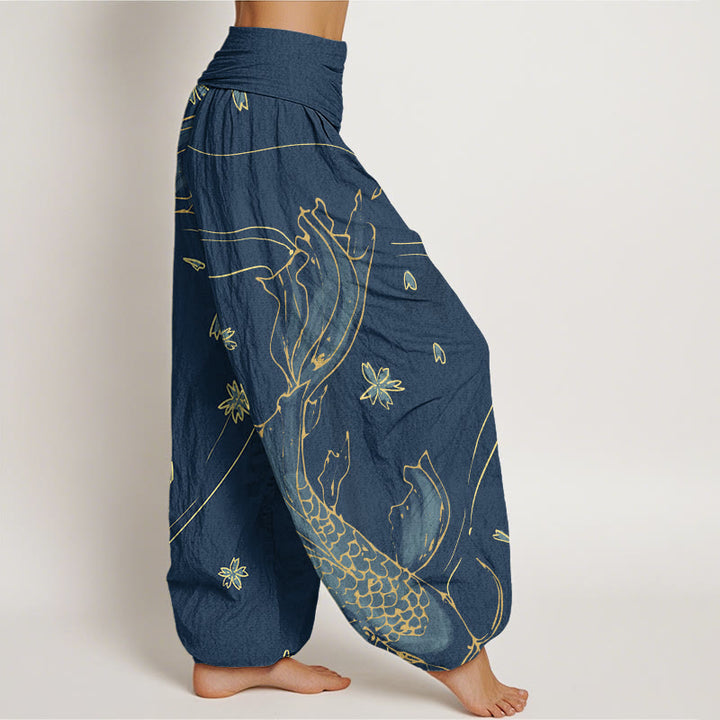 Buddha Stones Casual Koi Fish Cherry Blossom Petal Pattern Women's Elastic Waist Harem Pants
