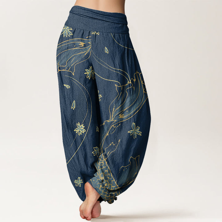 Buddha Stones Casual Koi Fish Cherry Blossom Petal Pattern Women's Elastic Waist Harem Pants