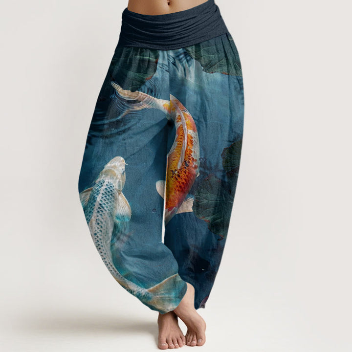Buddha Stones Casual Koi Fish Lotus Water Ripples Pattern Women's Elastic Waist Harem Pants