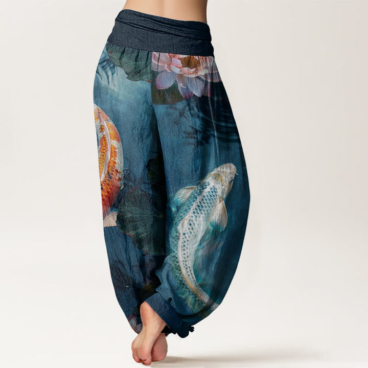 Buddha Stones Casual Koi Fish Lotus Water Ripples Pattern Women's Elastic Waist Harem Pants