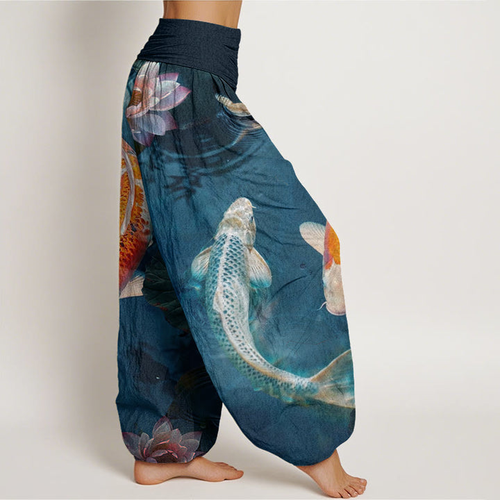 Buddha Stones Casual Koi Fish Lotus Water Ripples Pattern Women's Elastic Waist Harem Pants