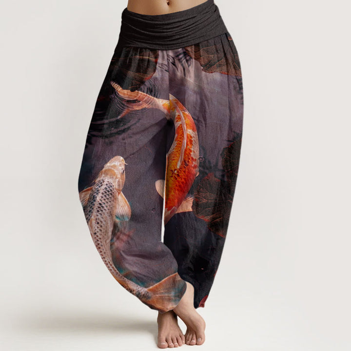 Buddha Stones Casual Koi Fish Lotus Water Ripples Pattern Women's Elastic Waist Harem Pants