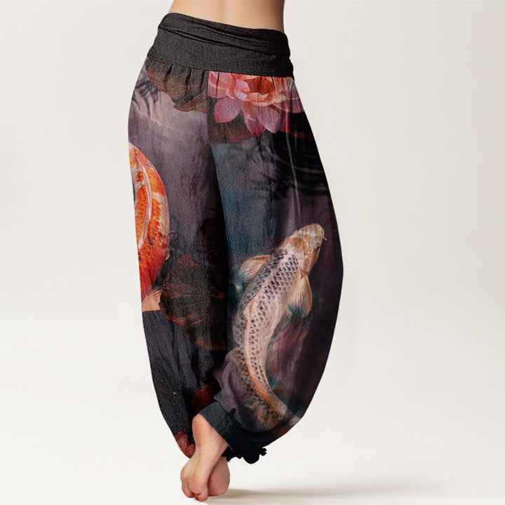 Buddha Stones Casual Koi Fish Lotus Water Ripples Pattern Women's Elastic Waist Harem Pants