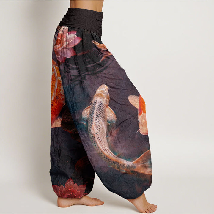 Buddha Stones Casual Koi Fish Lotus Water Ripples Pattern Women's Elastic Waist Harem Pants