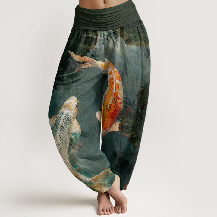 Buddha Stones Casual Koi Fish Lotus Water Ripples Pattern Women's Elastic Waist Harem Pants