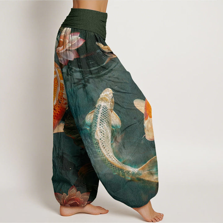 Buddha Stones Casual Koi Fish Lotus Water Ripples Pattern Women's Elastic Waist Harem Pants