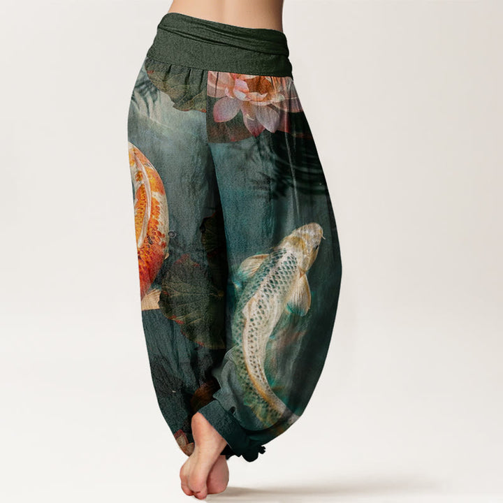 Buddha Stones Casual Koi Fish Lotus Water Ripples Pattern Women's Elastic Waist Harem Pants