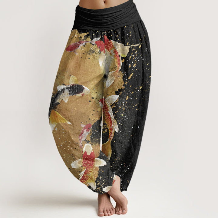 Buddha Stones Casual Koi Fish Gold Ink Background Pattern Women's Elastic Waist Harem Pants
