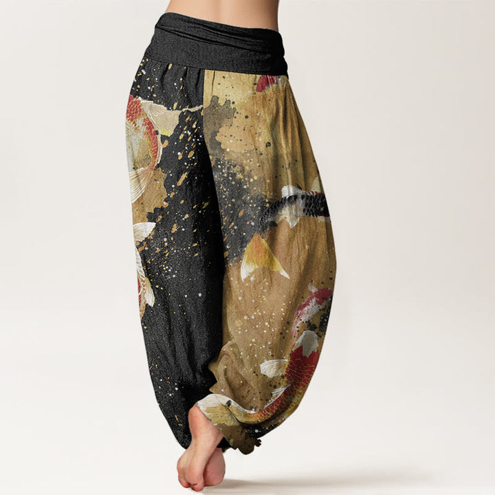 Buddha Stones Casual Koi Fish Gold Ink Background Pattern Women's Elastic Waist Harem Pants
