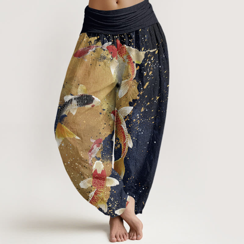 Buddha Stones Casual Koi Fish Gold Ink Background Pattern Women's Elastic Waist Harem Pants