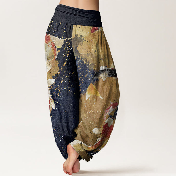 Buddha Stones Casual Koi Fish Gold Ink Background Pattern Women's Elastic Waist Harem Pants