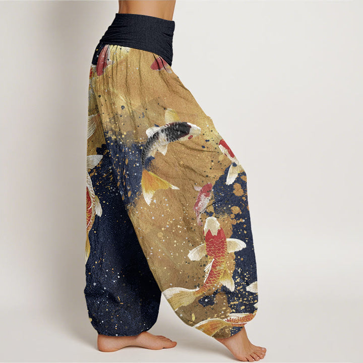 Buddha Stones Casual Koi Fish Gold Ink Background Pattern Women's Elastic Waist Harem Pants